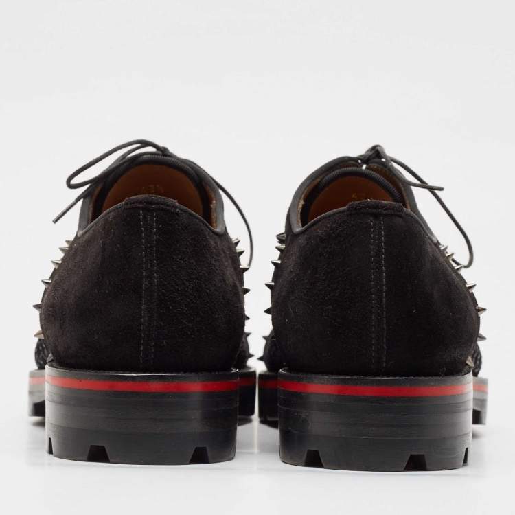 Pre Owned Christian Louboutin Black Leather and Suede Spikes Champignac Oxfords Size 42.5