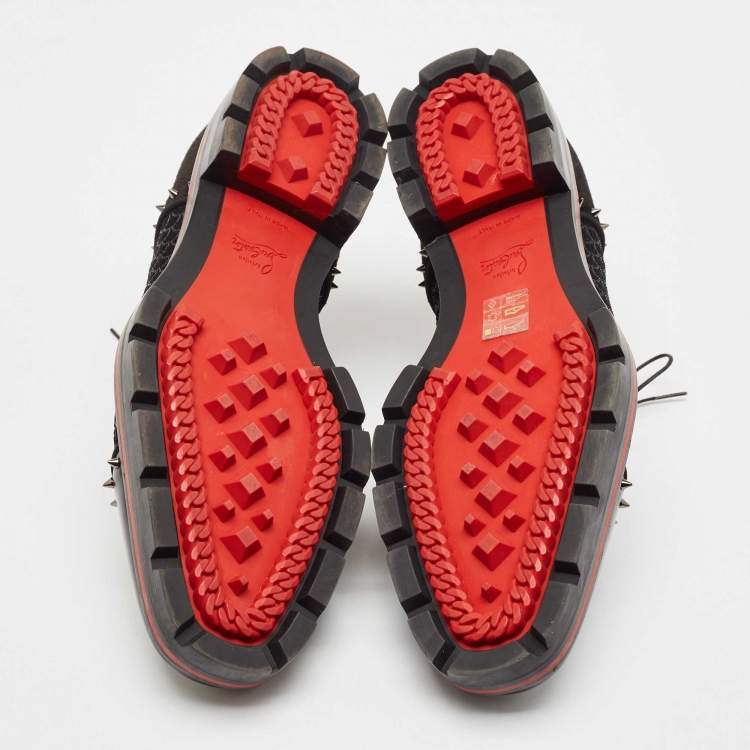 Pre Owned Christian Louboutin Black Leather and Suede Spikes Champignac Oxfords Size 42.5