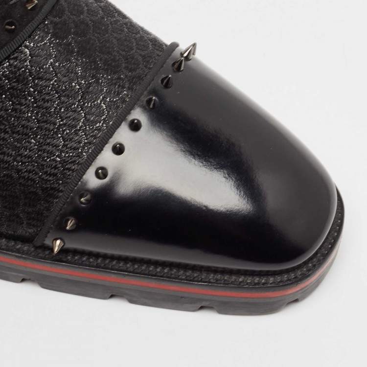 Pre Owned Christian Louboutin Black Leather and Suede Spikes Champignac Oxfords Size 42.5