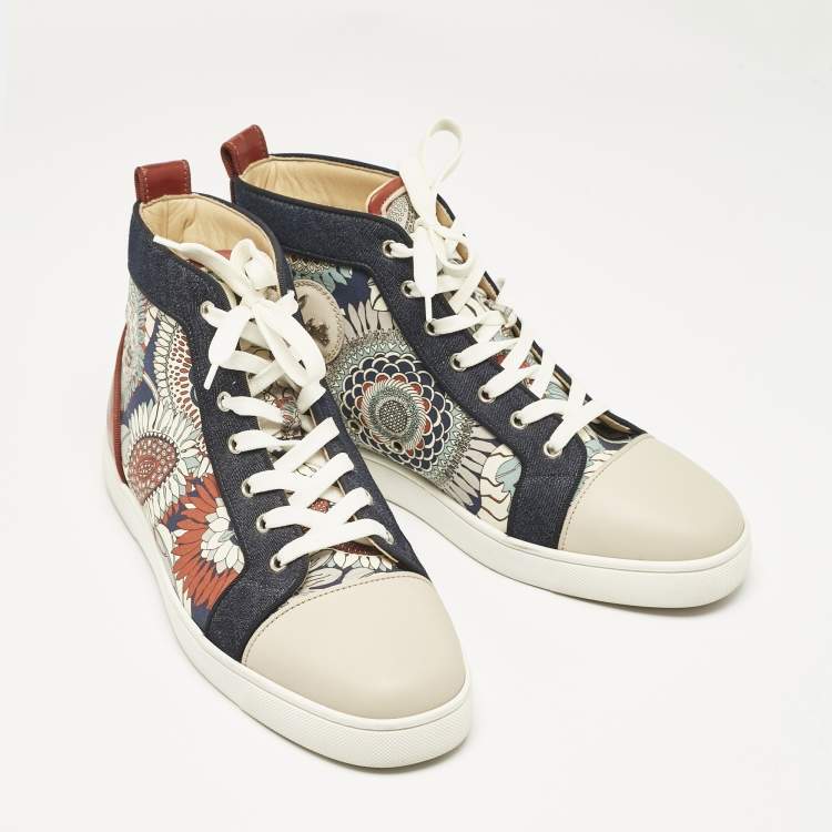 Pre Owned Christian Louboutin Multicolor Printed Leather and Denim Louis High Sneakers Size 44