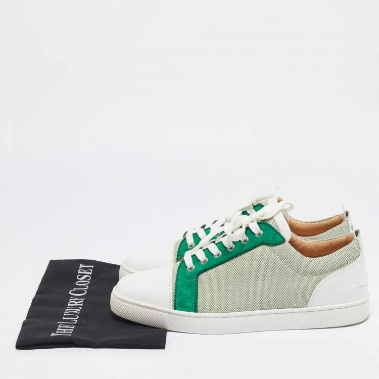 Pre Owned Christian Louboutin Green/White Canvas and Leather Louis Junior Low Top Sneakers Size 43.5