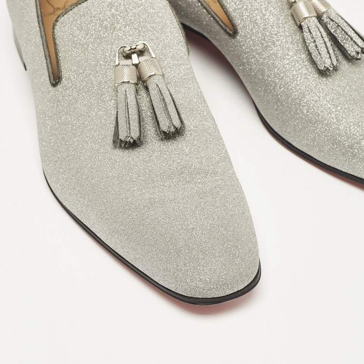 مملوكة مسبقًا Christian Louboutin Silver Glitter Dandelion Tassel Loafers Size 44
