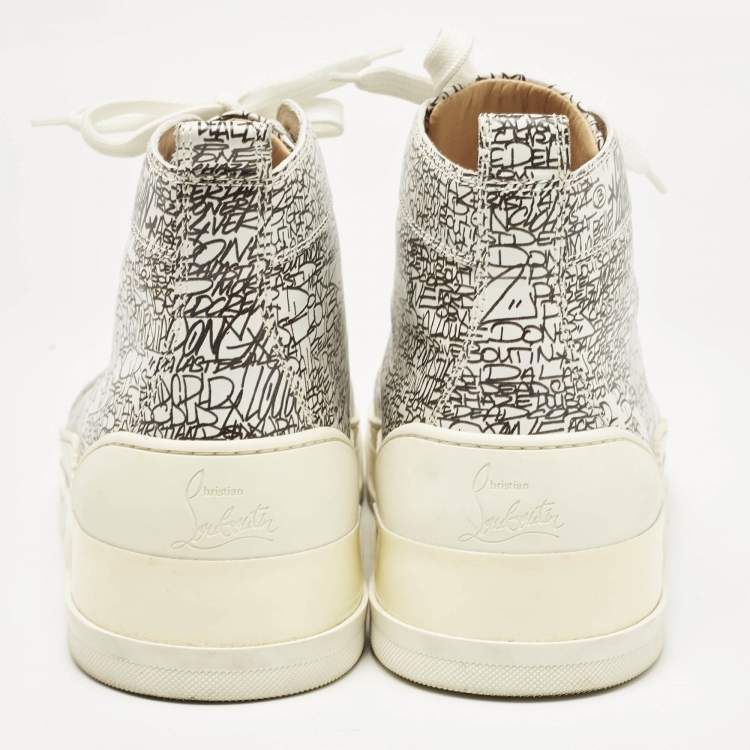 Pre Owned Christian Louboutin White/Black Graffiti Leather Aurelien High Top Sneakers Size 43.5