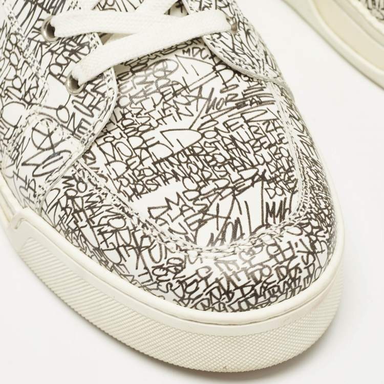 Pre Owned Christian Louboutin White/Black Graffiti Leather Aurelien High Top Sneakers Size 43.5