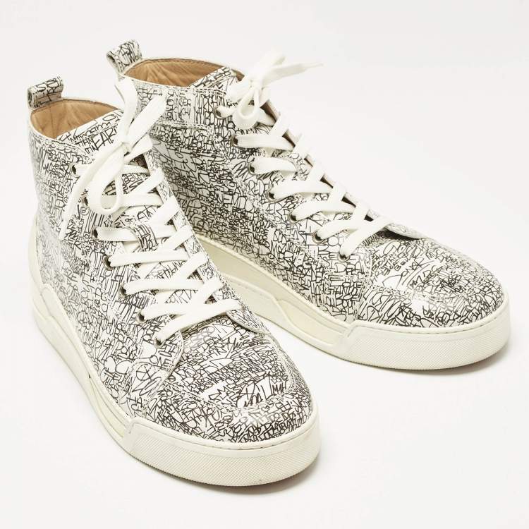 Pre Owned Christian Louboutin White/Black Graffiti Leather Aurelien High Top Sneakers Size 43.5
