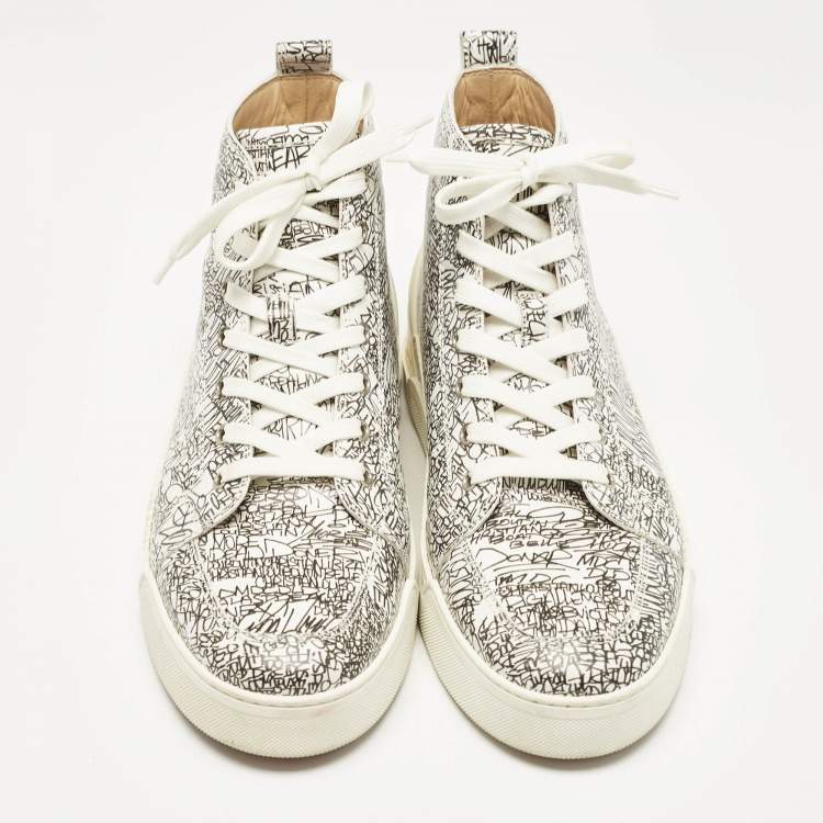 Pre Owned Christian Louboutin White/Black Graffiti Leather Aurelien High Top Sneakers Size 43.5