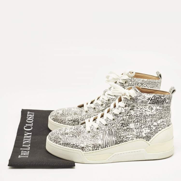 Pre Owned Christian Louboutin White/Black Graffiti Leather Aurelien High Top Sneakers Size 43.5