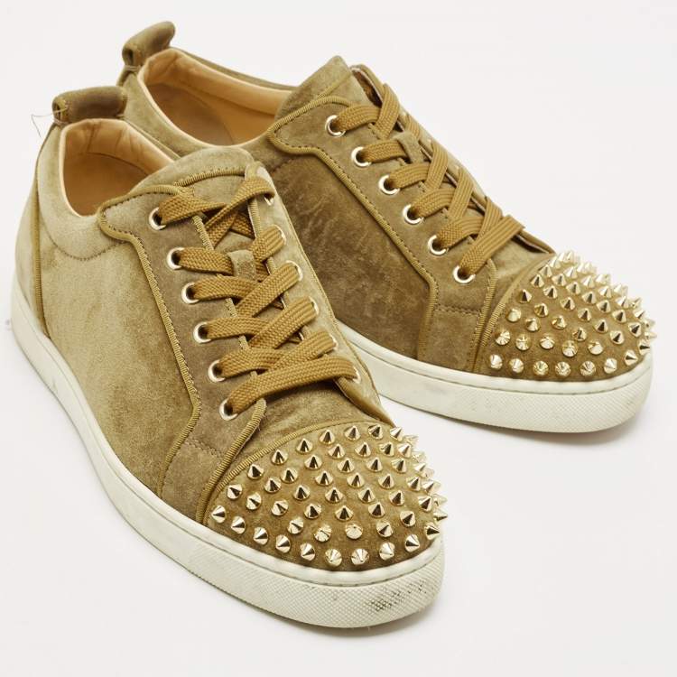 Pre Owned Christian Louboutin Green Suede Louis Junior Spikes Low Top Sneakers Size 40