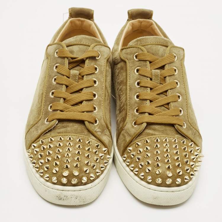 Pre Owned Christian Louboutin Green Suede Louis Junior Spikes Low Top Sneakers Size 40