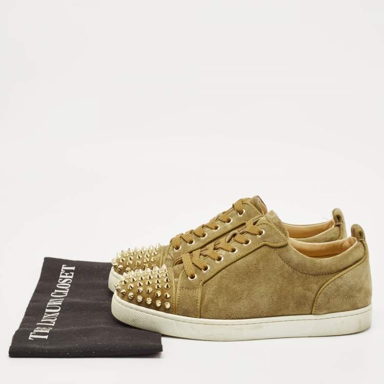 Pre Owned Christian Louboutin Green Suede Louis Junior Spikes Low Top Sneakers Size 40