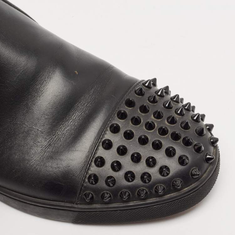 Pre Owned Christian Louboutin Black Leather Boat Spike Slip On Sneakers Size 41
