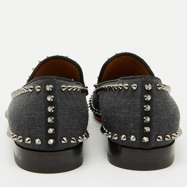 Pre Owned Christian Louboutin Dark Grey Fabric Spikes Smoking Slippers Size 42
