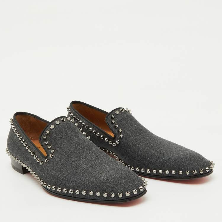 Pre Owned Christian Louboutin Dark Grey Fabric Spikes Smoking Slippers Size 42