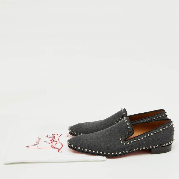 Pre Owned Christian Louboutin Dark Grey Fabric Spikes Smoking Slippers Size 42