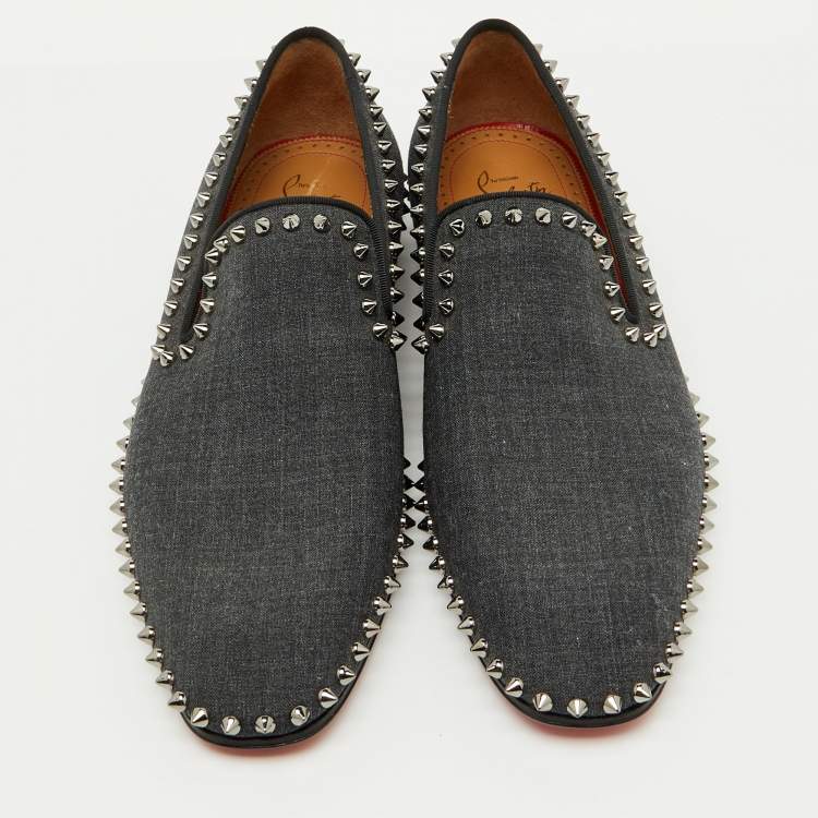 Pre Owned Christian Louboutin Dark Grey Fabric Spikes Smoking Slippers Size 42