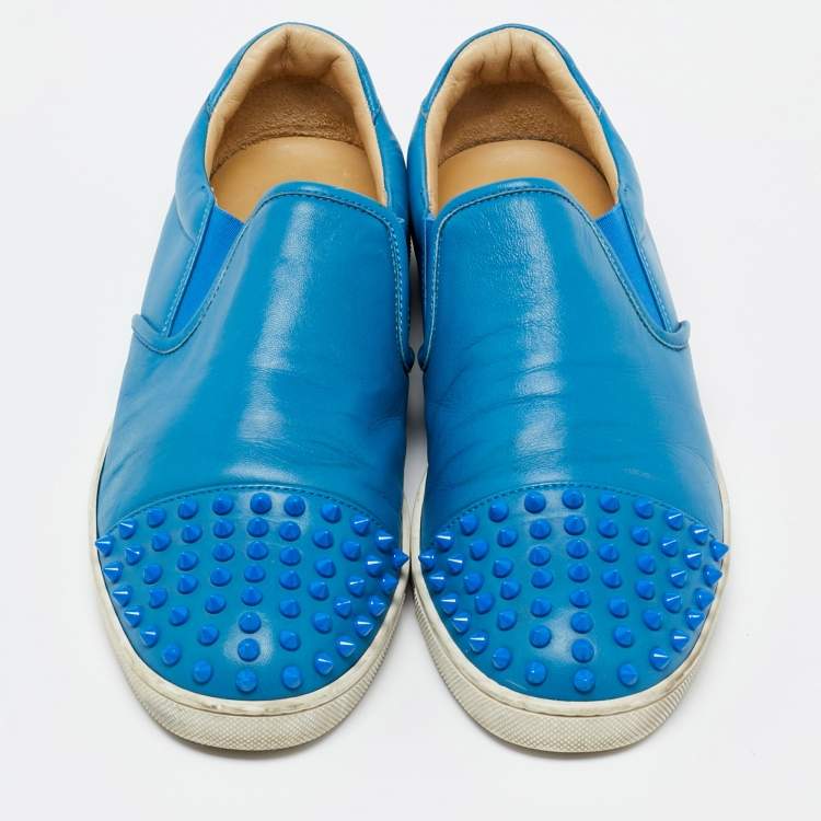 Pre Owned Christian Louboutin Blue Leather Boat Candy Skate Slip On Sneakers Size 40.5