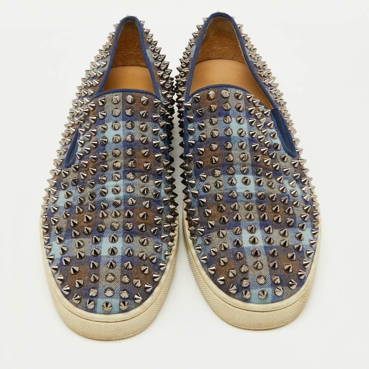 Pre Owned Christian Louboutin Blue Check Canvas Dandelion Spike Slip On Sneakers Size 41