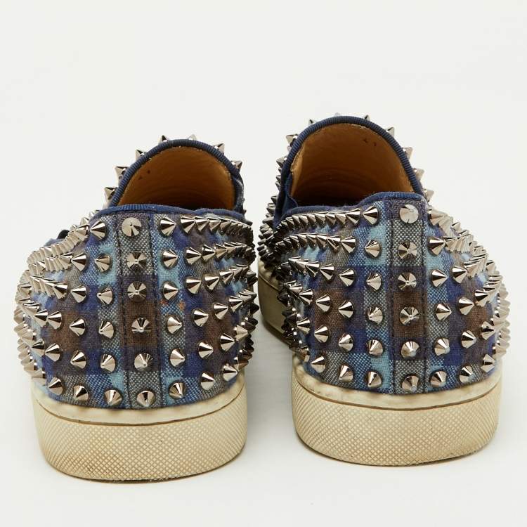 Pre Owned Christian Louboutin Blue Check Canvas Dandelion Spike Slip On Sneakers Size 41