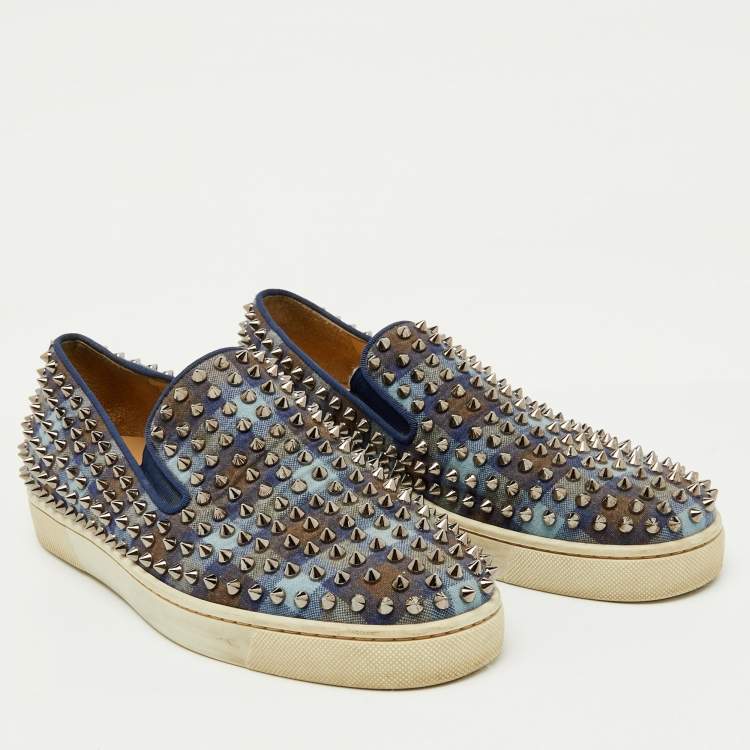 Pre Owned Christian Louboutin Blue Check Canvas Dandelion Spike Slip On Sneakers Size 41