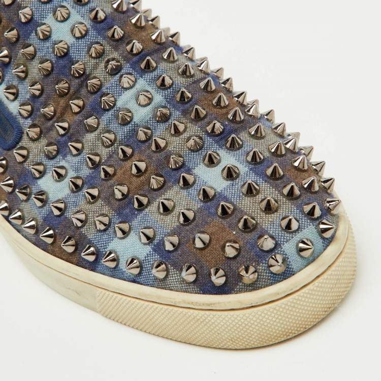 Pre Owned Christian Louboutin Blue Check Canvas Dandelion Spike Slip On Sneakers Size 41