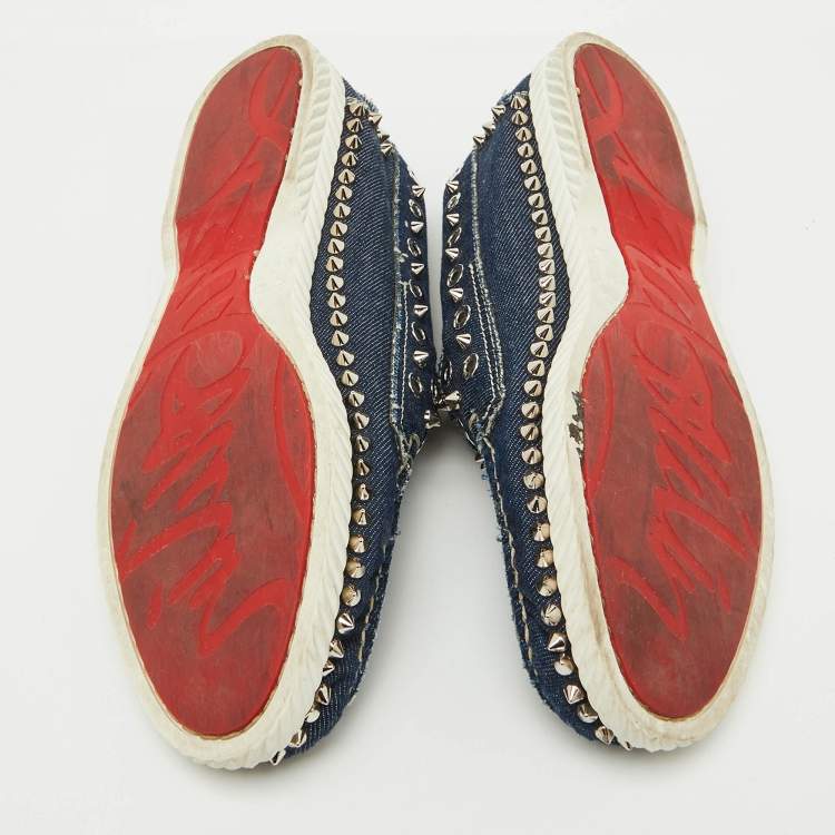 Pre Owned Christian Louboutin Blue Denim Studded Spikes Yacht Loafers Size 41.5
