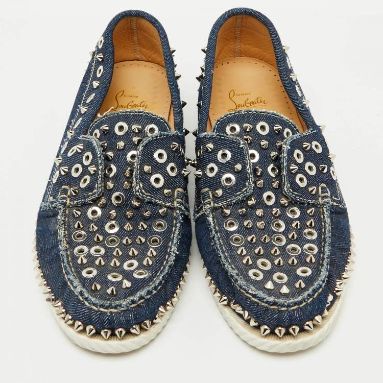 Pre Owned Christian Louboutin Blue Denim Studded Spikes Yacht Loafers Size 41.5