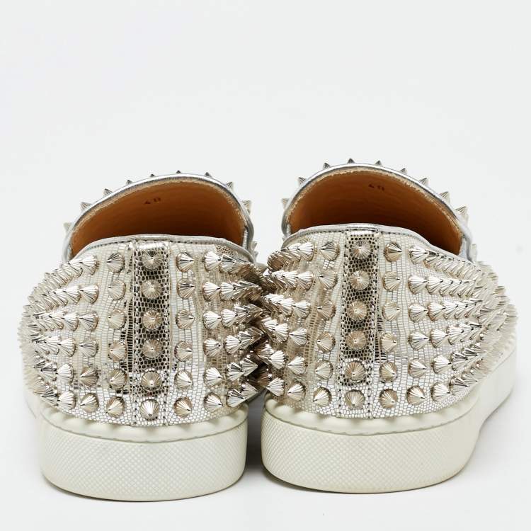 Pre Owned Christian Louboutin Metallic Silver Leather Roller Boat Slip On Sneakers Size 40