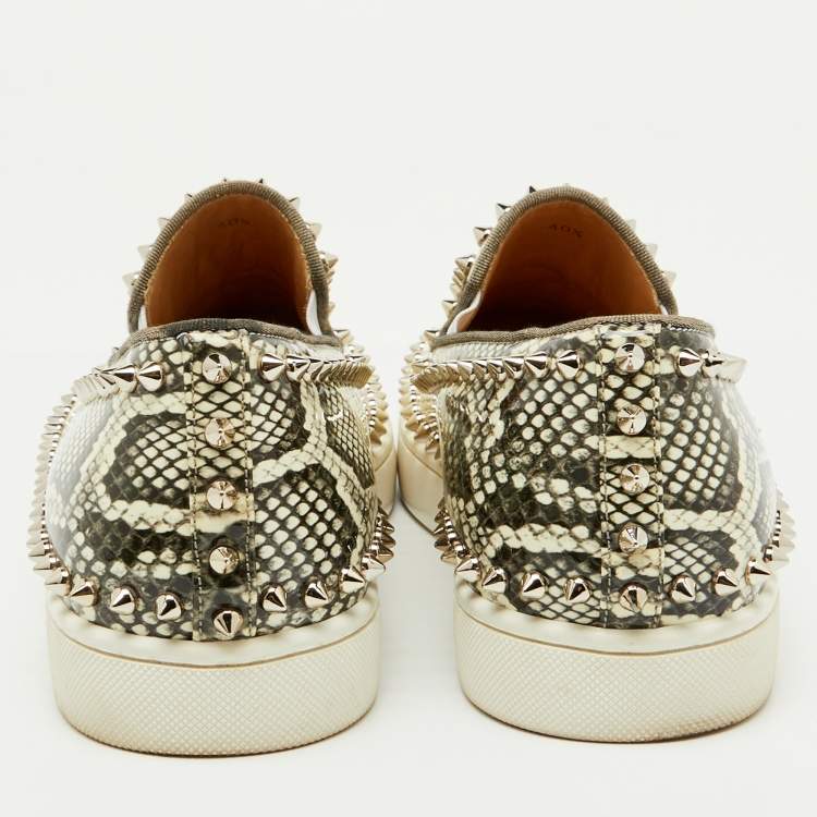 Pre Owned Christian Louboutin White/Grey Snakeskin Print Patent Leather Pik Boat Sneakers Size 40.5