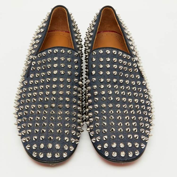 Pre Owned Christian Louboutin Navy Blue Fabric Dandelion Spikes Smoking Slippers Size 41