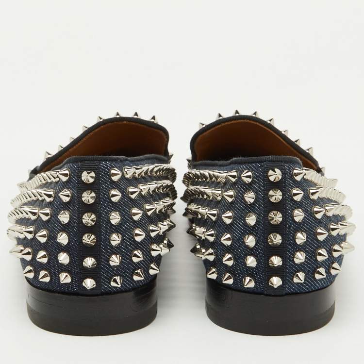 Pre Owned Christian Louboutin Navy Blue Fabric Dandelion Spikes Smoking Slippers Size 41