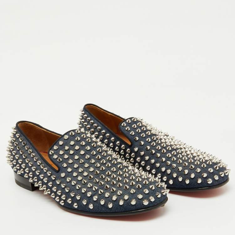 Pre Owned Christian Louboutin Navy Blue Fabric Dandelion Spikes Smoking Slippers Size 41