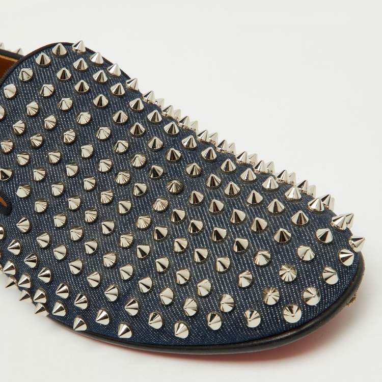 Pre Owned Christian Louboutin Navy Blue Fabric Dandelion Spikes Smoking Slippers Size 41