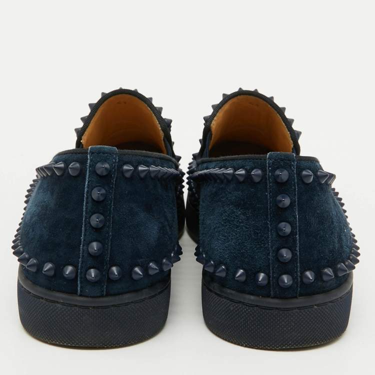 Pre Owned Christian Louboutin Blue Studded Suede Pik Boat Slip-On Sneakers Size 41