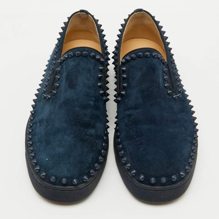Pre Owned Christian Louboutin Blue Studded Suede Pik Boat Slip-On Sneakers Size 41