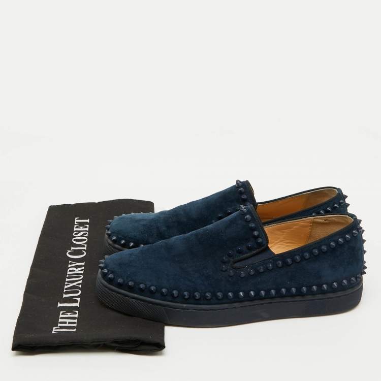 Pre Owned Christian Louboutin Blue Studded Suede Pik Boat Slip-On Sneakers Size 41