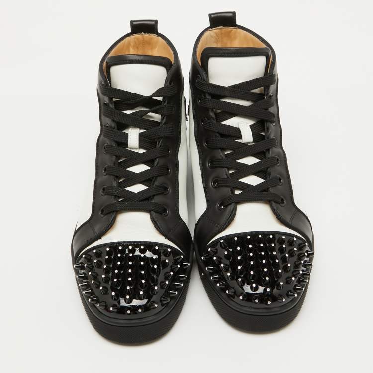 Pre Owned Christian Louboutin White/Black Leather Lou Crystal Embellished Spikes Orlato Sneakers Size 42
