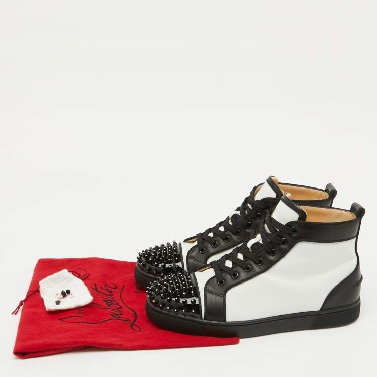 Pre Owned Christian Louboutin White/Black Leather Lou Crystal Embellished Spikes Orlato Sneakers Size 42
