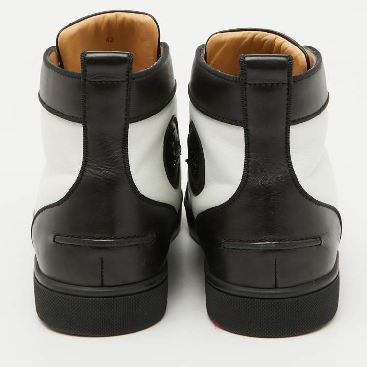 Pre Owned Christian Louboutin White/Black Leather Lou Crystal Embellished Spikes Orlato Sneakers Size 42
