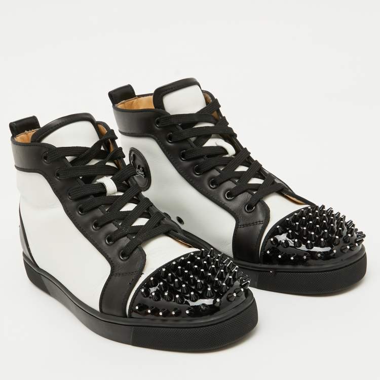 Pre Owned Christian Louboutin White/Black Leather Lou Crystal Embellished Spikes Orlato Sneakers Size 42