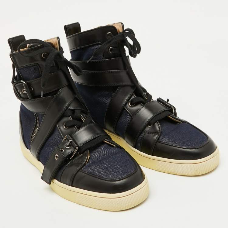 Pre Owned Christian Louboutin Navy Blue/Black Fabric and Leather High Top Sneakers Size 43