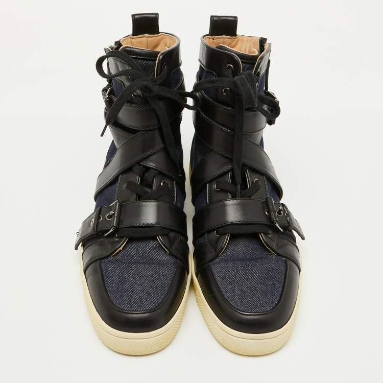 Pre Owned Christian Louboutin Navy Blue/Black Fabric and Leather High Top Sneakers Size 43
