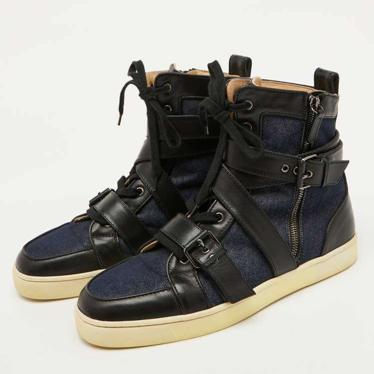 Pre Owned Christian Louboutin Navy Blue/Black Fabric and Leather High Top Sneakers Size 43