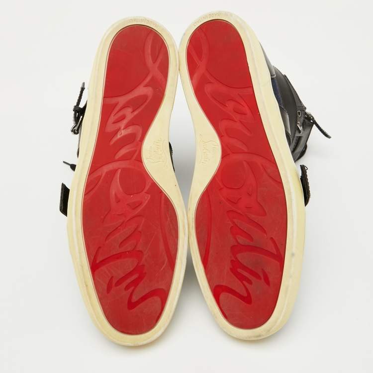 Pre Owned Christian Louboutin Navy Blue/Black Fabric and Leather High Top Sneakers Size 43