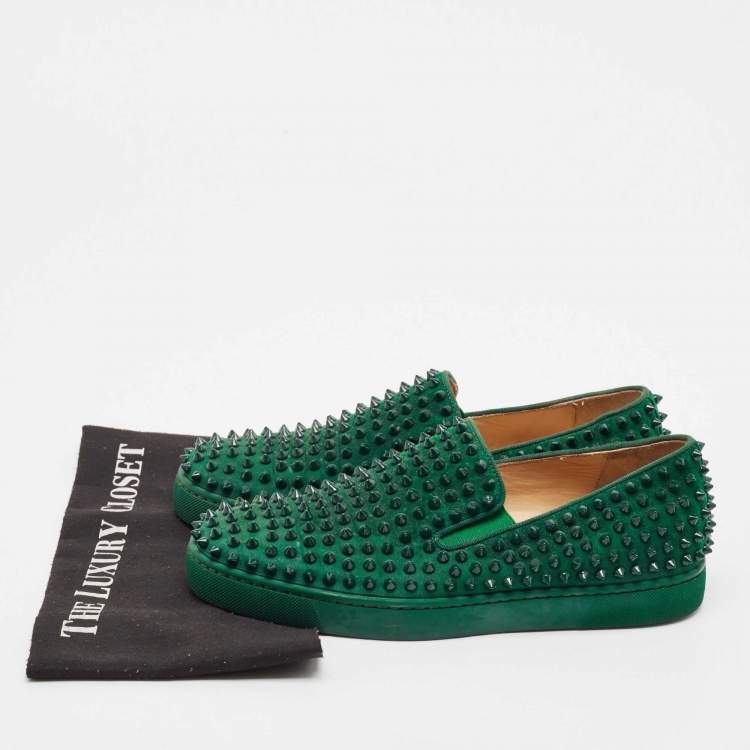 Pre Owned Christian Louboutin Green Suede Roller Boat Spike Slip On Sneakers Size 40.5