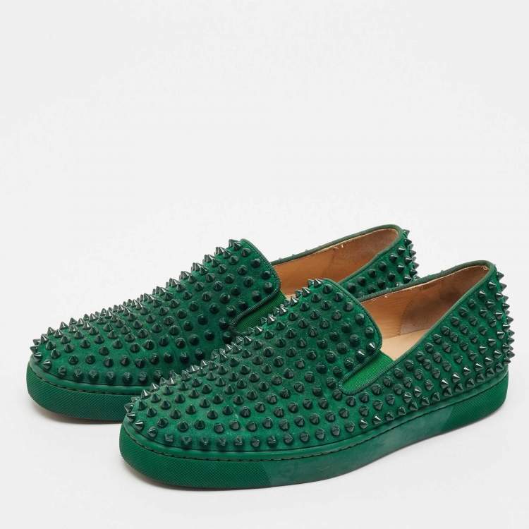 Pre Owned Christian Louboutin Green Suede Roller Boat Spike Slip On Sneakers Size 40.5