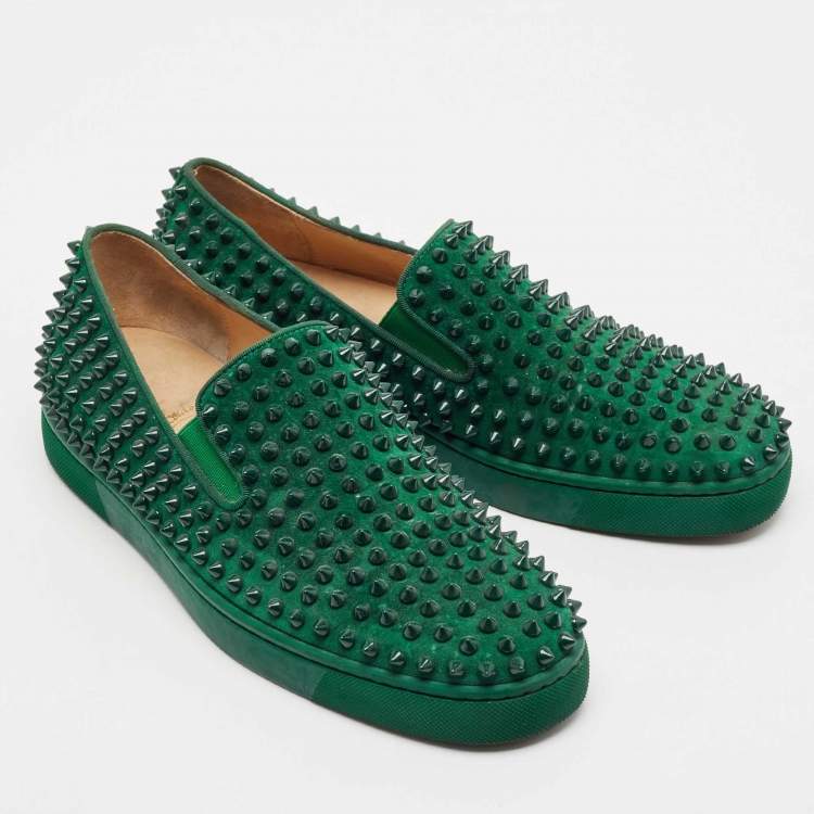 Pre Owned Christian Louboutin Green Suede Roller Boat Spike Slip On Sneakers Size 40.5