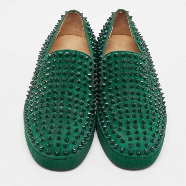 Pre Owned Christian Louboutin Green Suede Roller Boat Spike Slip On Sneakers Size 40.5