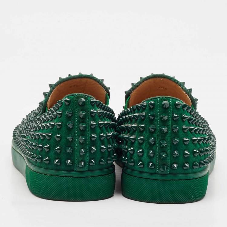 Pre Owned Christian Louboutin Green Suede Roller Boat Spike Slip On Sneakers Size 40.5