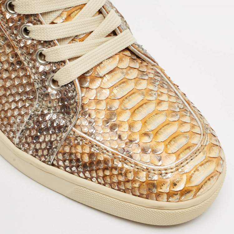 Pre Owned Christian Louboutin Metallic Mustard/Brown Python Leather Rantus Orlato High-Top Sneakers Size 39
