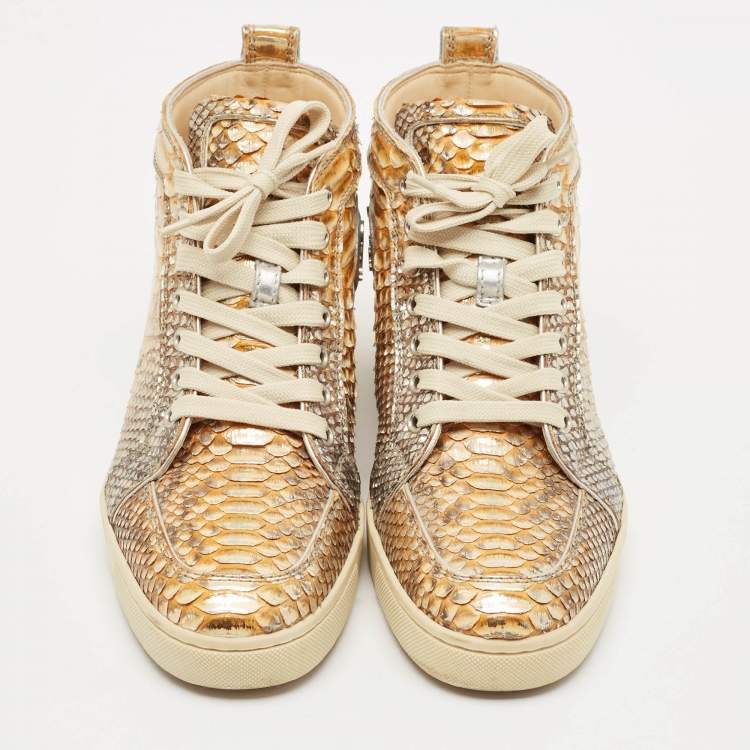 Pre Owned Christian Louboutin Metallic Mustard/Brown Python Leather Rantus Orlato High-Top Sneakers Size 39